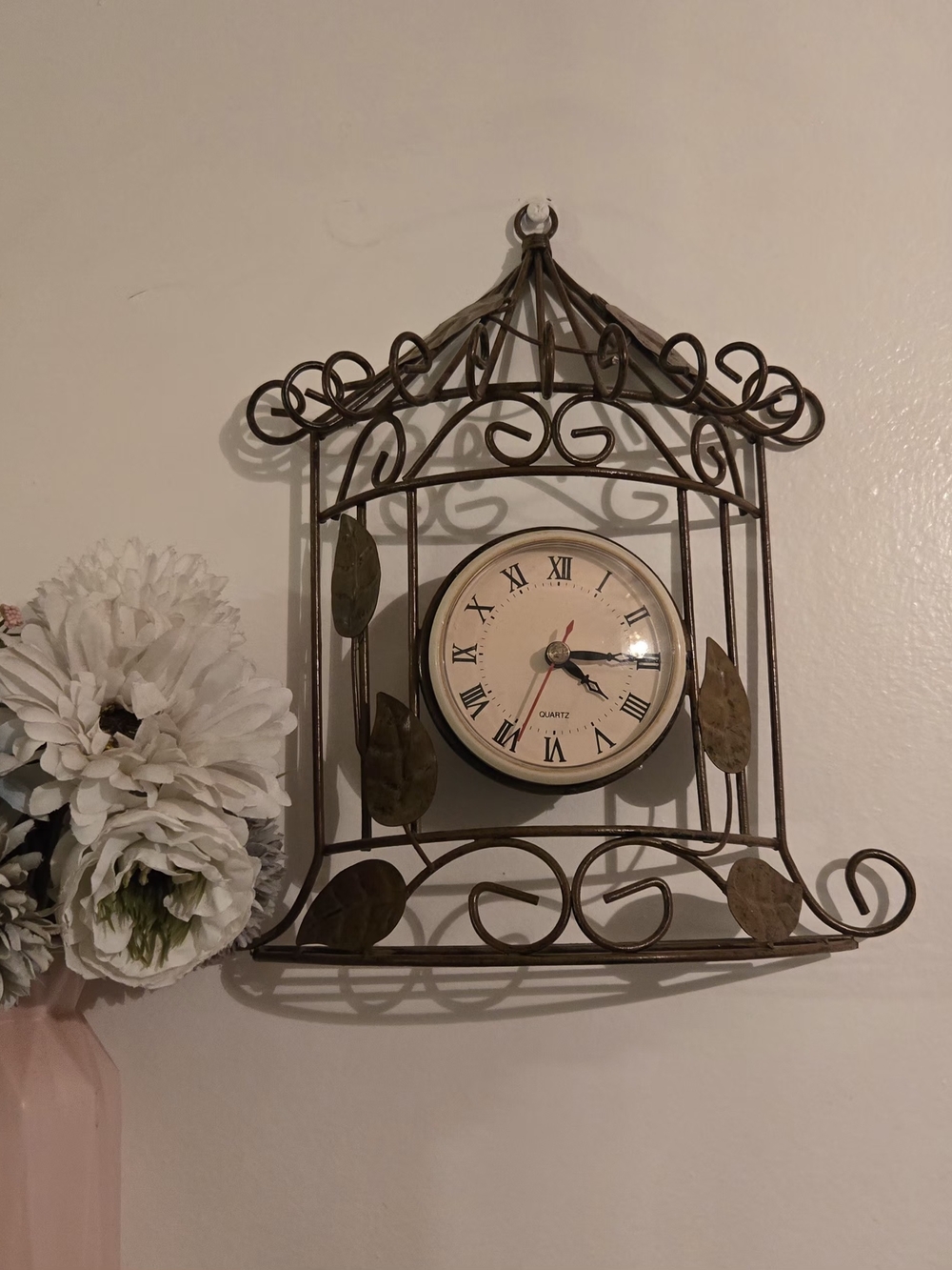 Vintage-Style Brown BIRDCAGE Metal Wall Clock with Leaf Accents